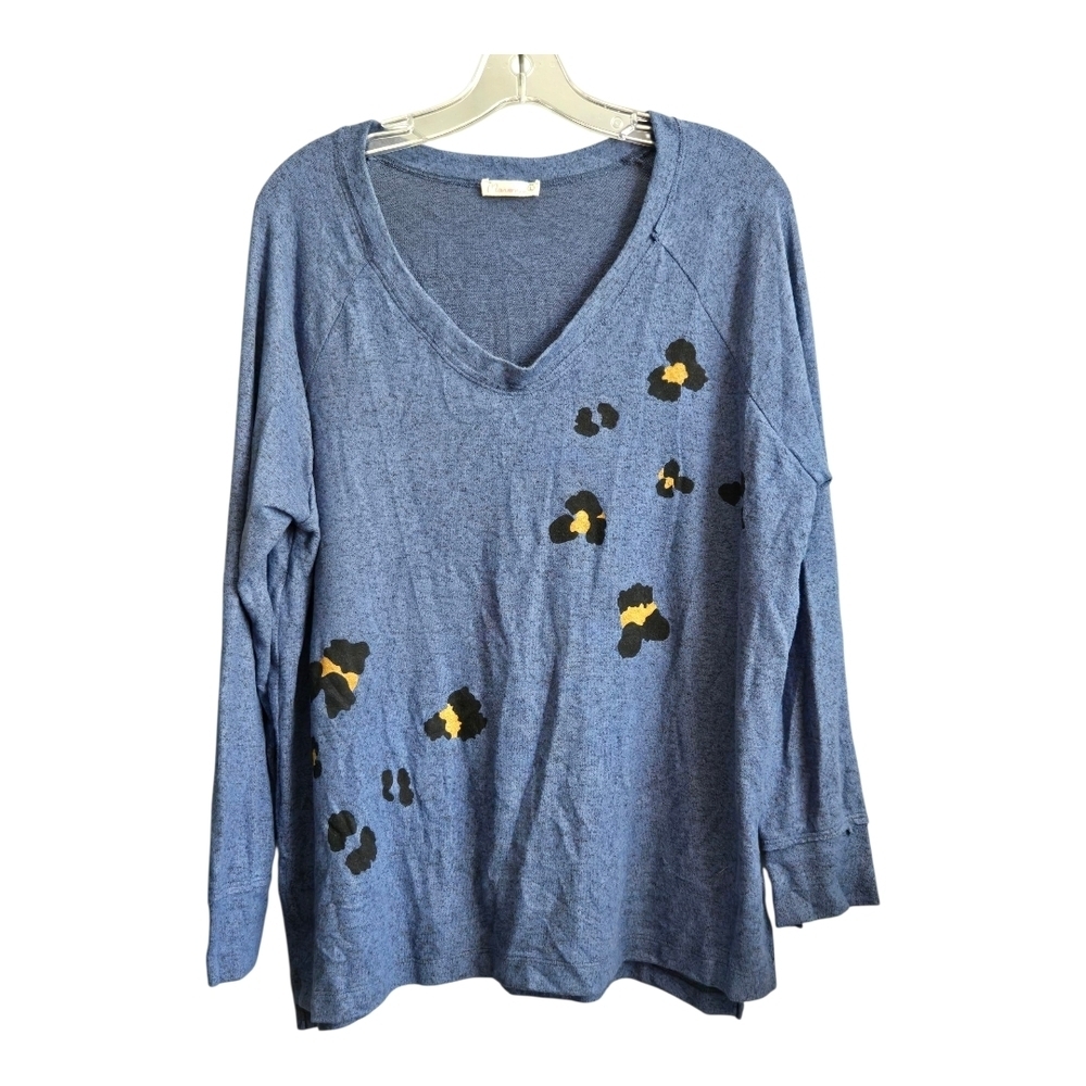 Maronie Animal Print Soft Knit Long Sleeve Sweater Top, Blue, Size Large